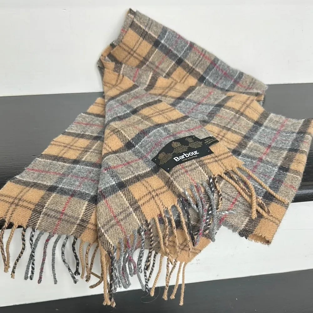 Barbour 100% Lambs Wool Scottland plaid tan unisex scarf fringe clean no smoking - Picture 4 of 5